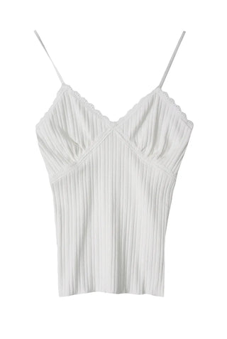 Lace Romantic Slub V-Neck Adjustable Sleeveless Top