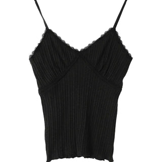 Lace Romantic Slub V-Neck Adjustable Sleeveless Top