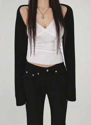 Lace Romantic Slub V-Neck Adjustable Sleeveless Top