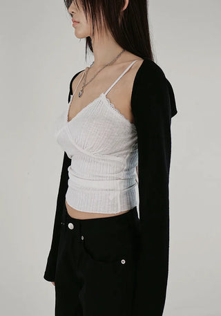 Lace Romantic Slub V-Neck Adjustable Sleeveless Top