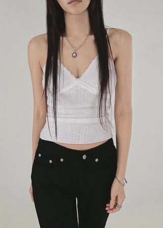 Lace Romantic Slub V-Neck Adjustable Sleeveless Top
