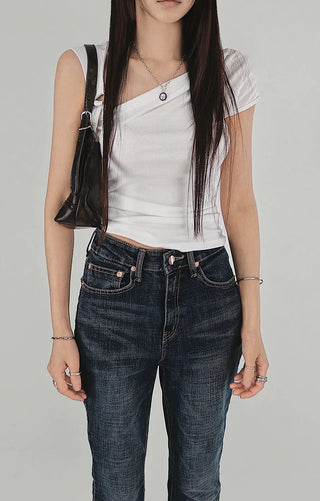 Benher One-Off Shoulder Unbal Buckle Sleeveless T-Shirt