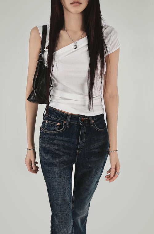 Benher One-Off Shoulder Unbal Buckle Sleeveless T-Shirt