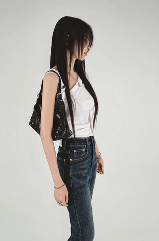 Benher One-Off Shoulder Unbal Buckle Sleeveless T-Shirt