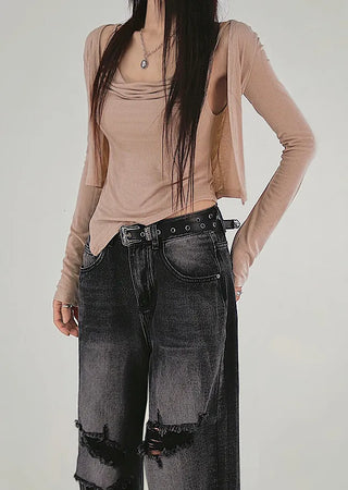 Skin Nudi Drape Unbalanced Sleeveless Cardigan Set