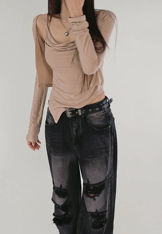 Skin Nudi Drape Unbalanced Sleeveless Cardigan Set