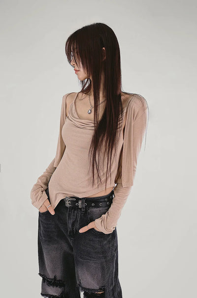Skin Nudi Drape Unbalanced Sleeveless Cardigan Set