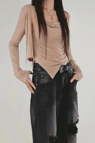 Skin Nudi Drape Unbalanced Sleeveless Cardigan Set