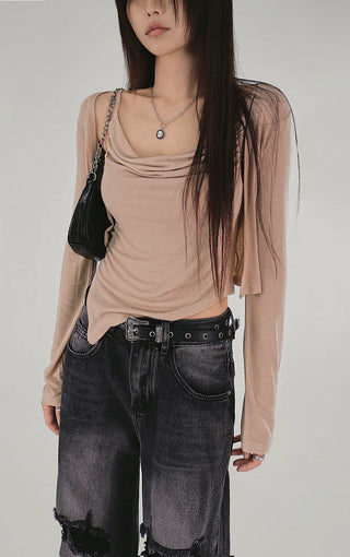 Skin Nudi Drape Unbalanced Sleeveless Cardigan Set