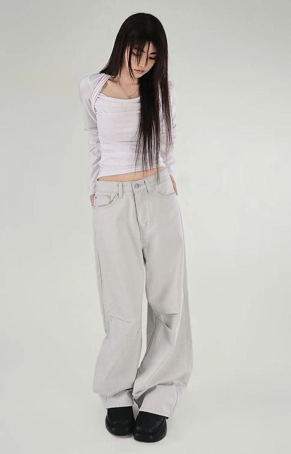 GRID CURVE PLEATED PARASUIT WIDE COTTON PANTS