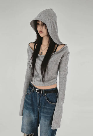 GREY LOOSE HIP OFF WIDE SHOULDER NECK HOODIE