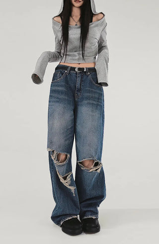 GREY LOOSE HIP OFF WIDE SHOULDER NECK HOODIE