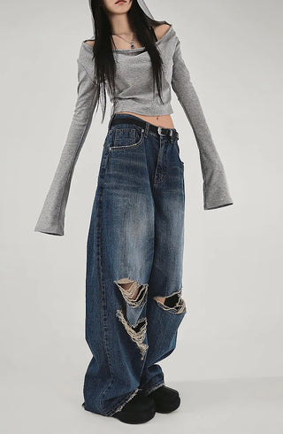 GREY LOOSE HIP OFF WIDE SHOULDER NECK HOODIE