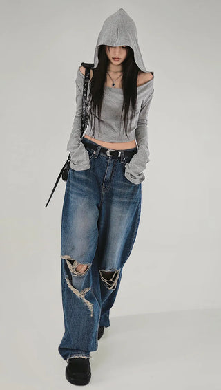 GREY LOOSE HIP OFF WIDE SHOULDER NECK HOODIE