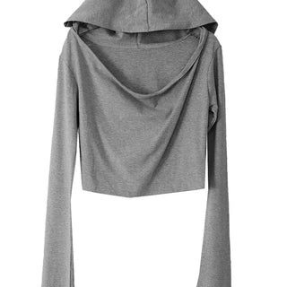 GREY LOOSE HIP OFF WIDE SHOULDER NECK HOODIE