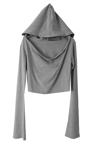 GREY LOOSE HIP OFF WIDE SHOULDER NECK HOODIE