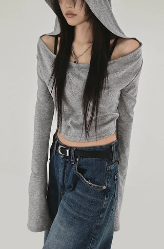 GREY LOOSE HIP OFF WIDE SHOULDER NECK HOODIE