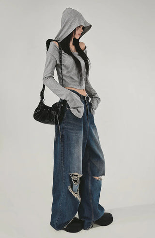 GREY LOOSE HIP OFF WIDE SHOULDER NECK HOODIE