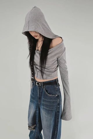 GREY LOOSE HIP OFF WIDE SHOULDER NECK HOODIE