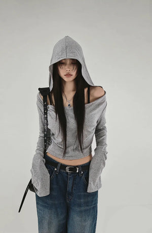 GREY LOOSE HIP OFF WIDE SHOULDER NECK HOODIE