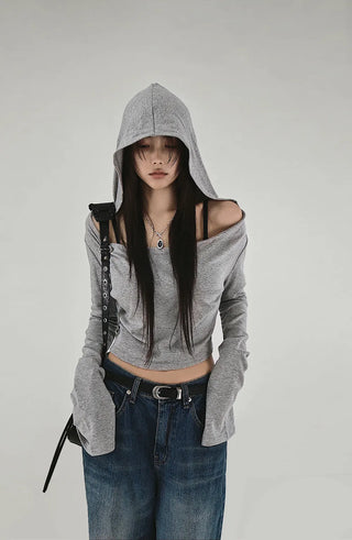 GREY LOOSE HIP OFF WIDE SHOULDER NECK HOODIE
