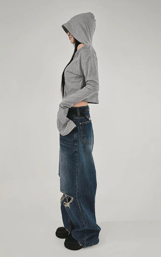 GREY LOOSE HIP OFF WIDE SHOULDER NECK HOODIE