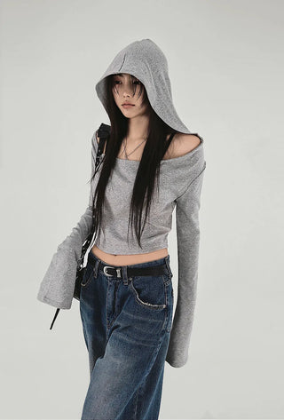 GREY LOOSE HIP OFF WIDE SHOULDER NECK HOODIE