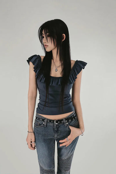 BELBY SQUARE NECK CAP FRILL SLEEVELESS TOP