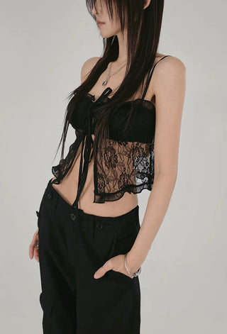 Fly Lace See-Through Open Strap Ribbon Top