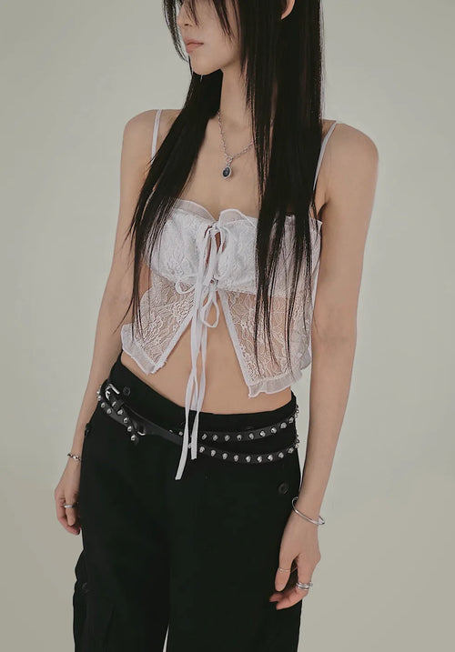 Fly Lace See-Through Open Strap Ribbon Top