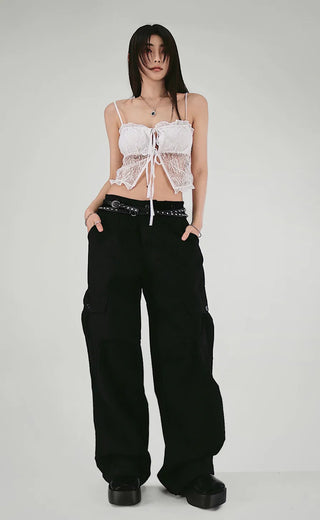 Fly Lace See-Through Open Strap Ribbon Top