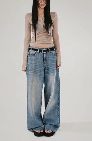 SNAP BACK BUTTON CLEAN WASHED WIDE JEANS