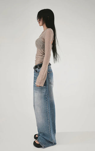 SNAP BACK BUTTON CLEAN WASHED WIDE JEANS