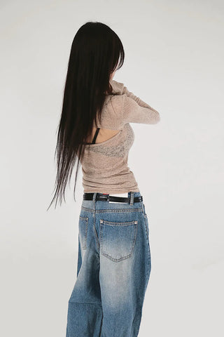 SNAP BACK BUTTON CLEAN WASHED WIDE JEANS