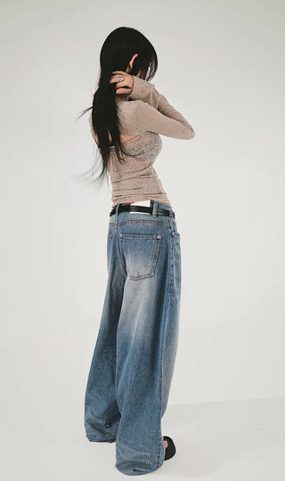 SNAP BACK BUTTON CLEAN WASHED WIDE JEANS