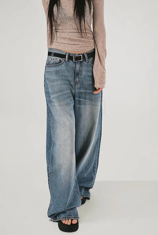 SNAP BACK BUTTON CLEAN WASHED WIDE JEANS