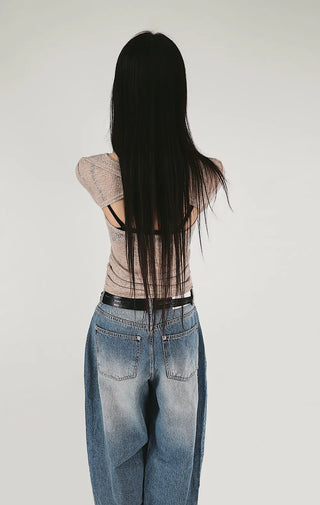 SNAP BACK BUTTON CLEAN WASHED WIDE JEANS