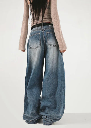 SNAP BACK BUTTON CLEAN WASHED WIDE JEANS