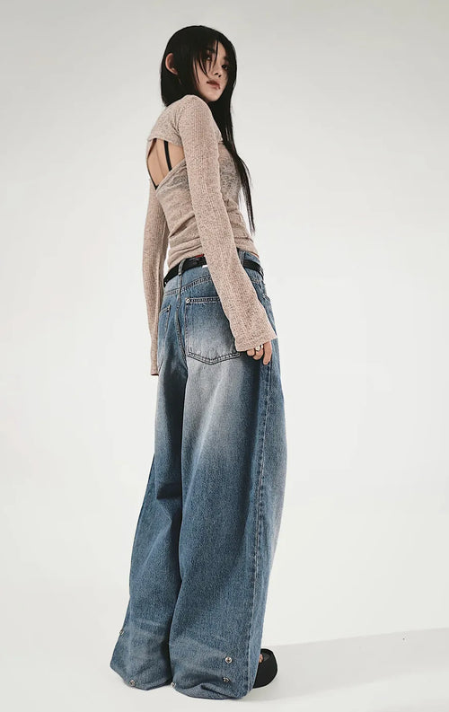 SNAP BACK BUTTON CLEAN WASHED WIDE JEANS