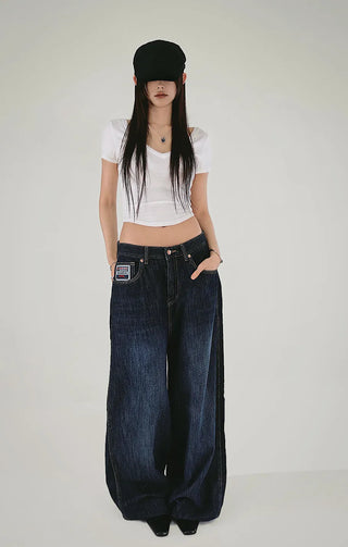 Patch tone-down dark blue cool denim wide jeans