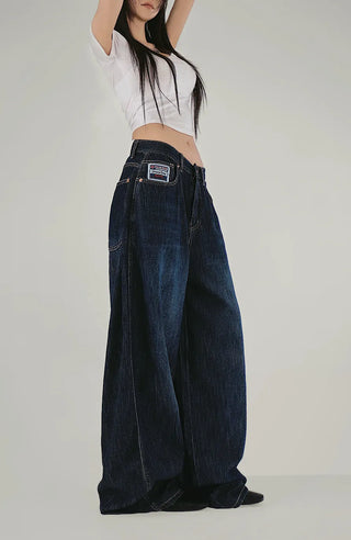 Patch tone-down dark blue cool denim wide jeans