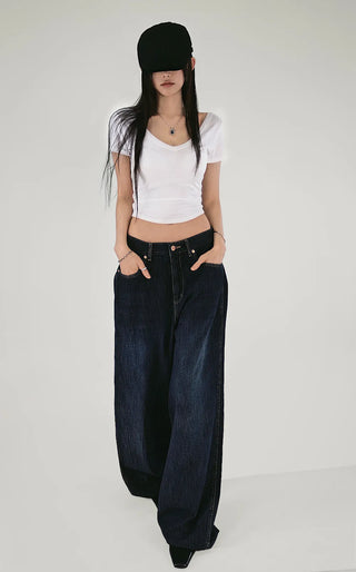 Patch tone-down dark blue cool denim wide jeans