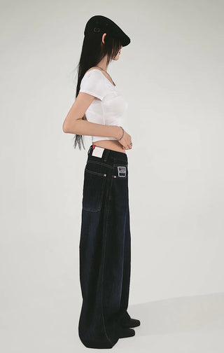 Patch tone-down dark blue cool denim wide jeans