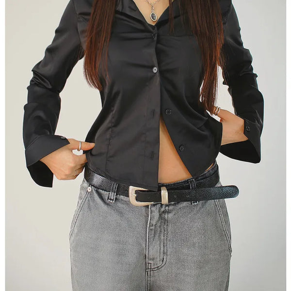 Collar-lined silk shirt crop satin blouse