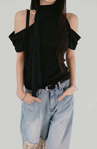 KAI LINEN LOOSE FIT UNBAL SCARF OFF-SHOULDER T