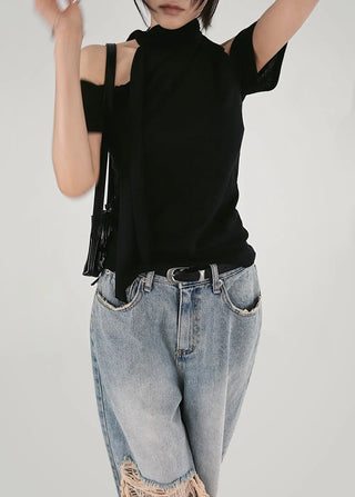 KAI LINEN LOOSE FIT UNBAL SCARF OFF-SHOULDER T