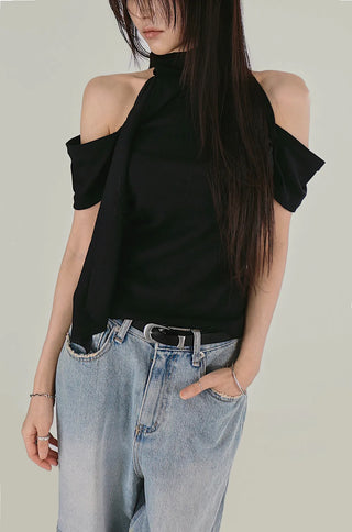 KAI LINEN LOOSE FIT UNBAL SCARF OFF-SHOULDER T