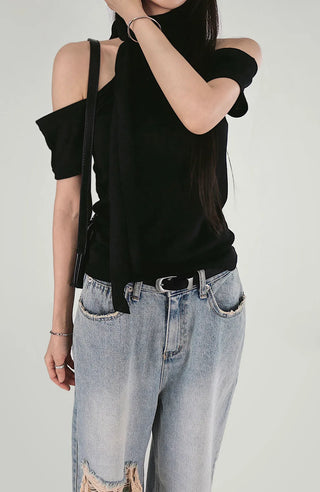 KAI LINEN LOOSE FIT UNBAL SCARF OFF-SHOULDER T