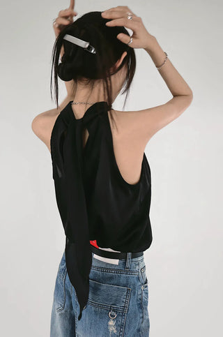 SATIN SCARF LOOSE FIT HALTER NECK SLEEVELESS BLOUSE