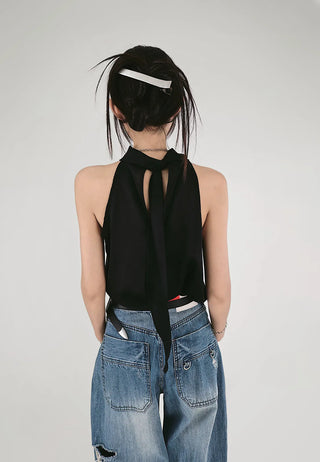 SATIN SCARF LOOSE FIT HALTER NECK SLEEVELESS BLOUSE